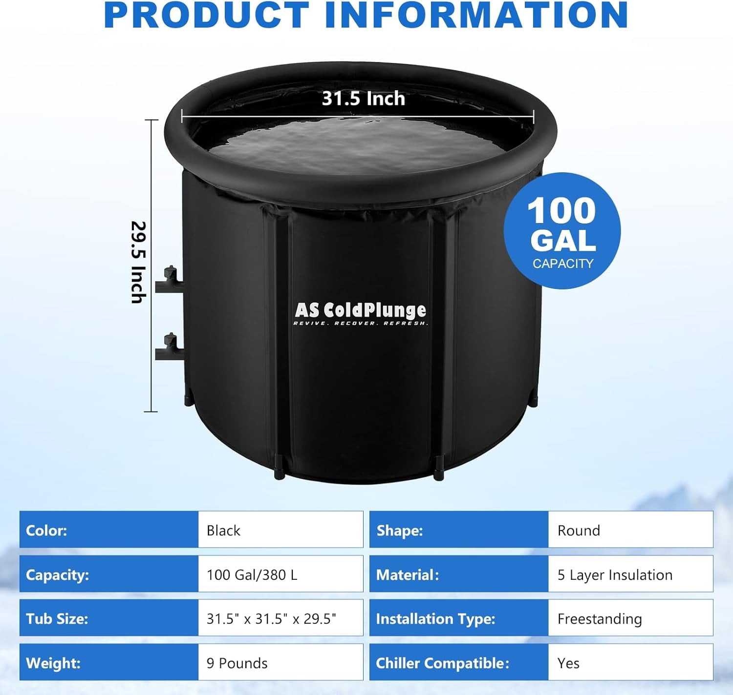 AS Coldplunge XL Ice Bath Tub for Cold Plunge, Ice Pod with Lid & Cover, Inflatable Ice Bucket with 2 Drain Valves for Chiller, Cold Therapy Recovery